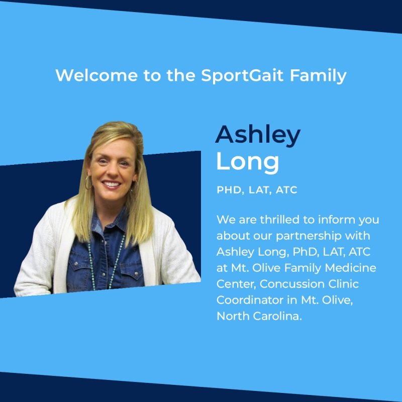 Picture of Dr Ashley Long smiling with text that states Welcome to the SportGait Family